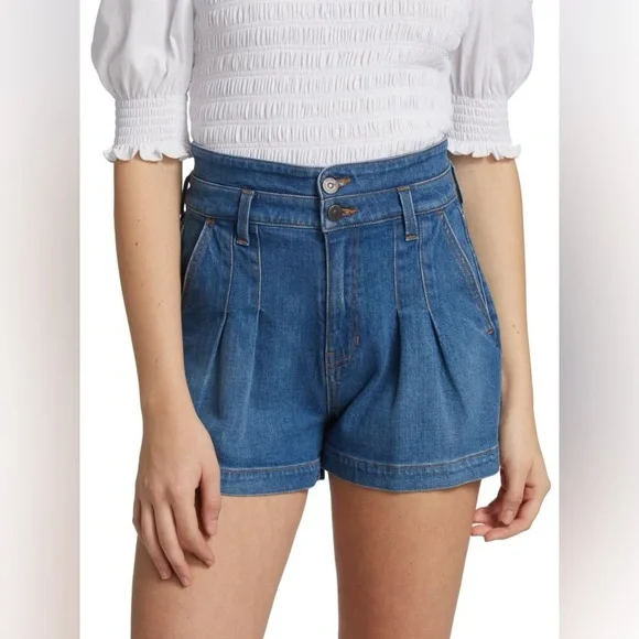 Veronica Beard 2 Jaylen High Rise Pleated Denim Shorts in Clover & Cornflower 28